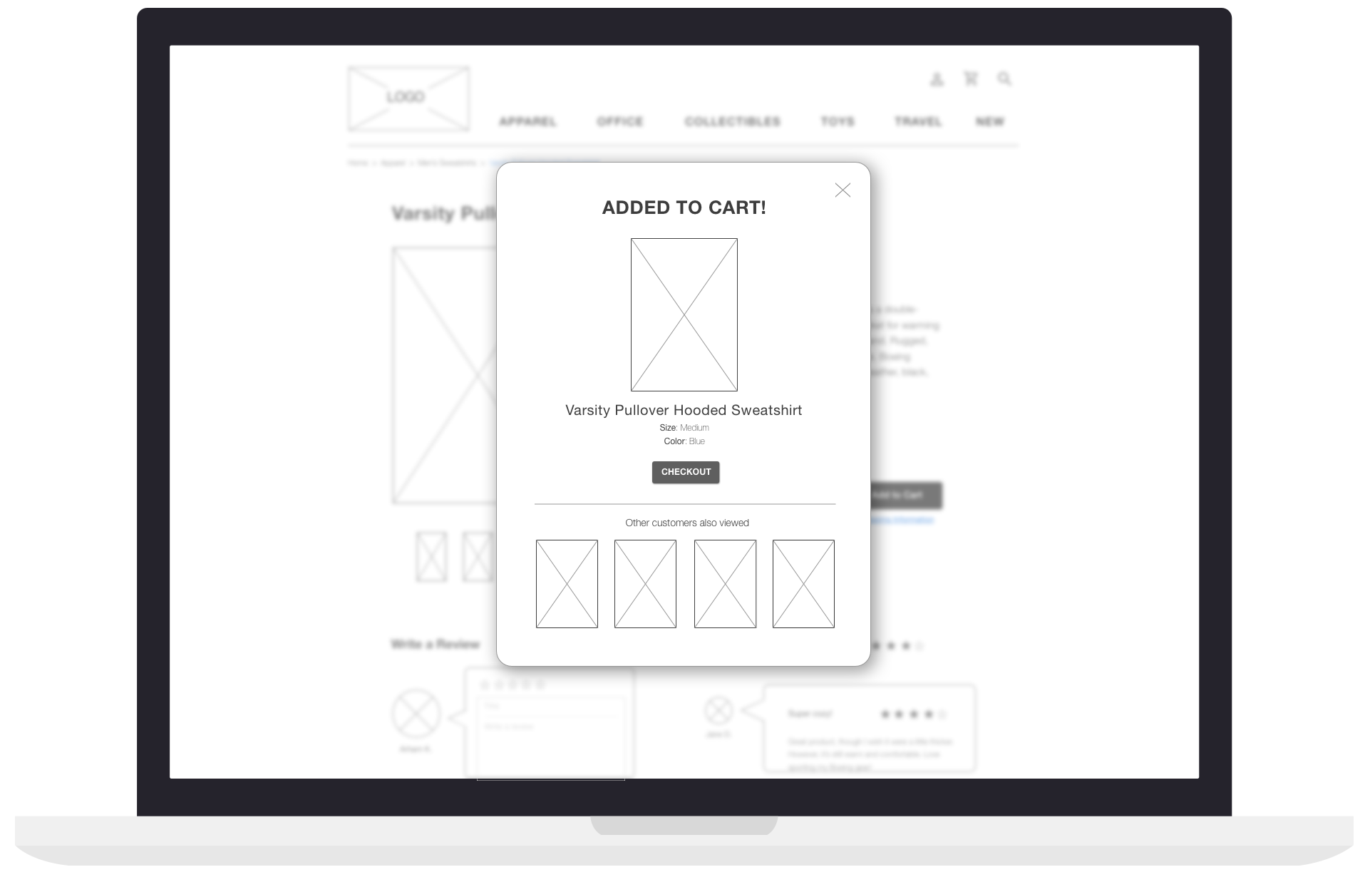 Without taking the user to another page, they receive a pop-up confirmation that an item was added to their cart. Below. they can easily view recommended products that others who bought that item also purchased.
