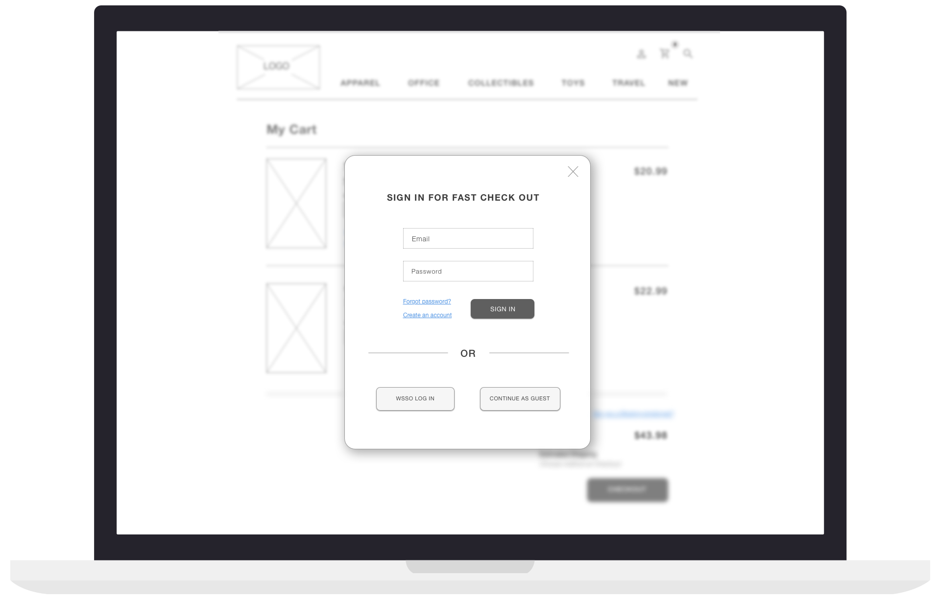 For a speedy checkout, users can log in with their information or continue as guest. It was also important that I include a WSSO login, where employees can login with their Boeing badge to verify employment to receive their discount if they didn’t click the link on the previous page.