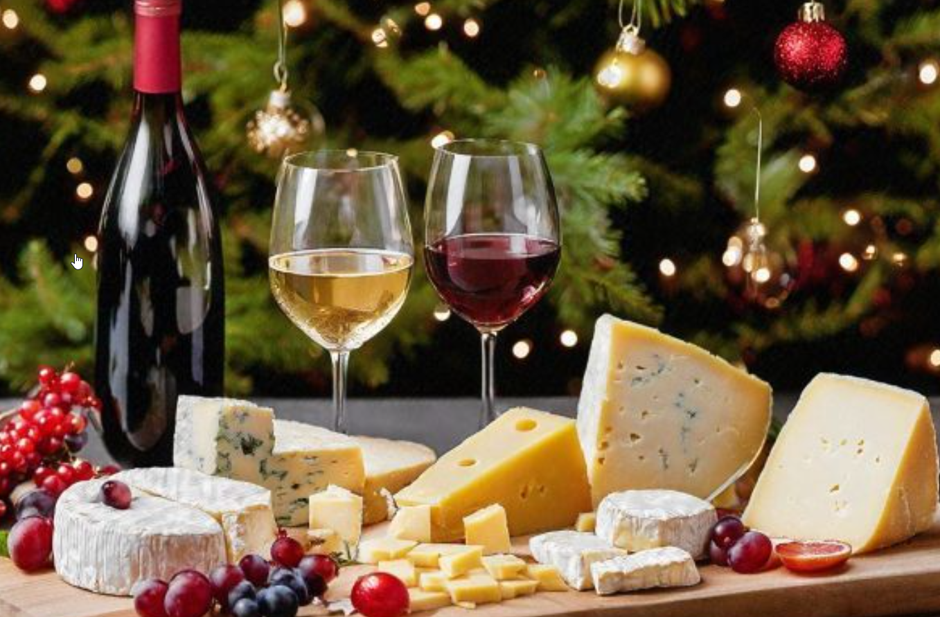 Ostebord med forskellige oste, rødvins- og hvidvinsglas, vinflaske, granatæbler, brombær, cherrytomater, juletræ med julepynt i baggrunden.