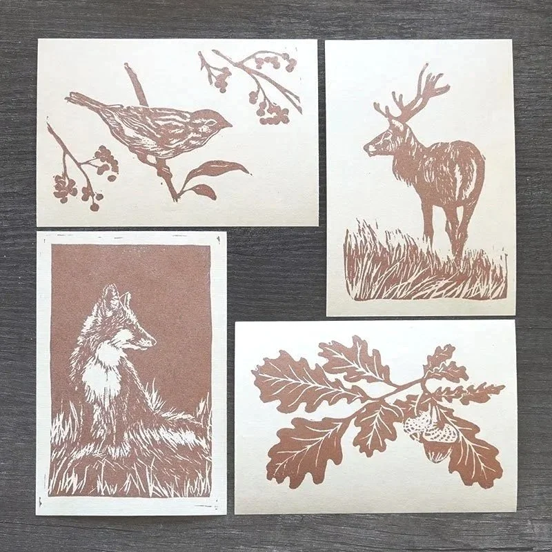 Oak, Fox, Sparrow, and Stag: Autumnal Block Print Set