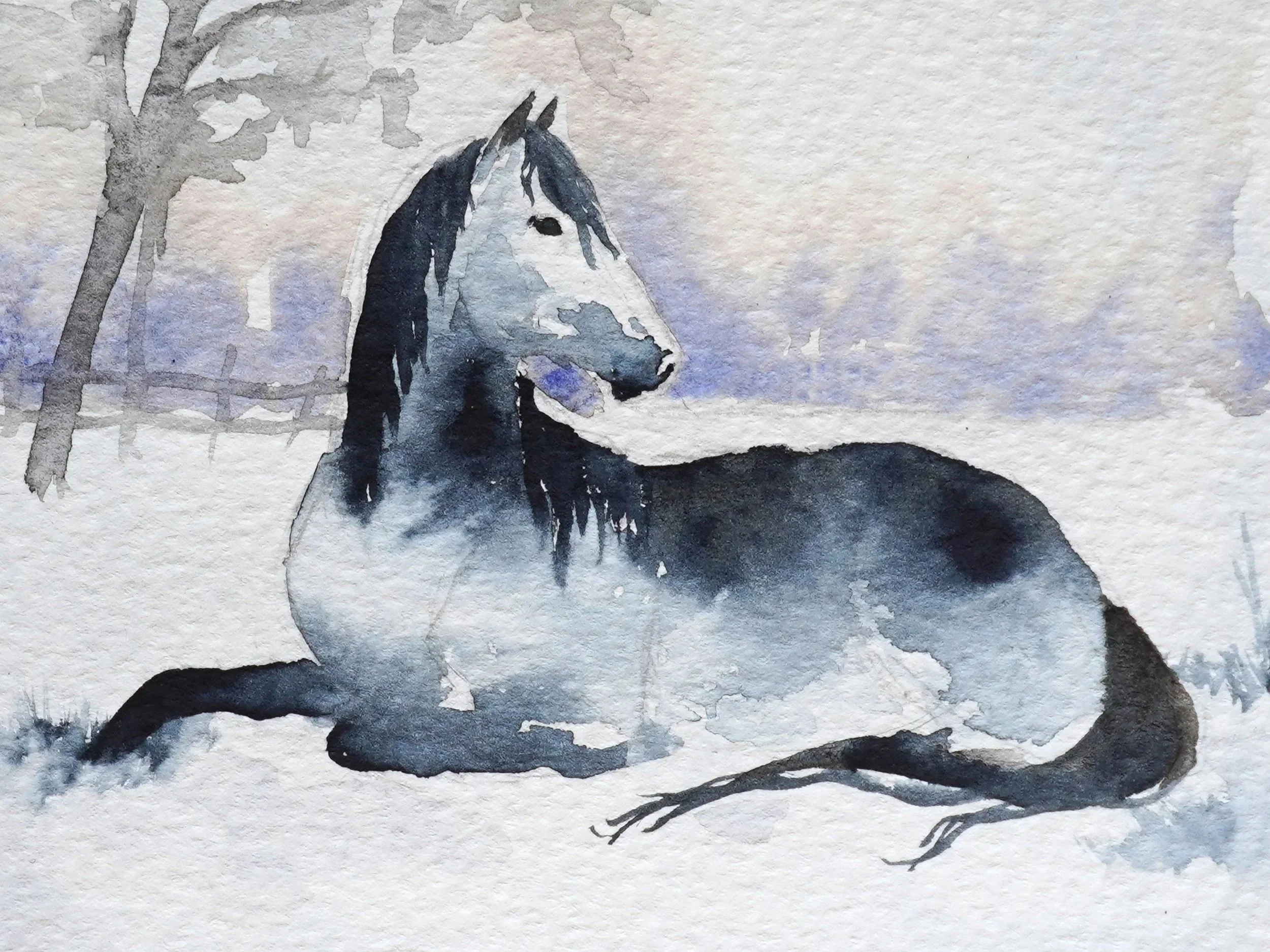 Watercolor painting of a black and white horse with a tree on the left side in a misty or cloudy background.