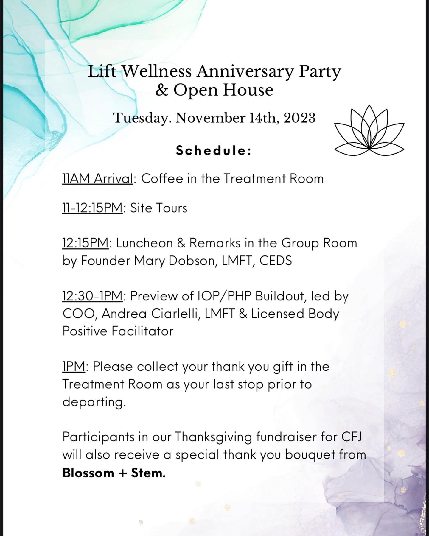 We will see you this Tuesday 11.14.23 at Westport campus at 11am for a special seventh anniversary celebration featuring bites by Southern Belle Bites @southernbellebitesllc and Palmer&rsquo;s Market @palmersmarket, facility site tours, clinician mee