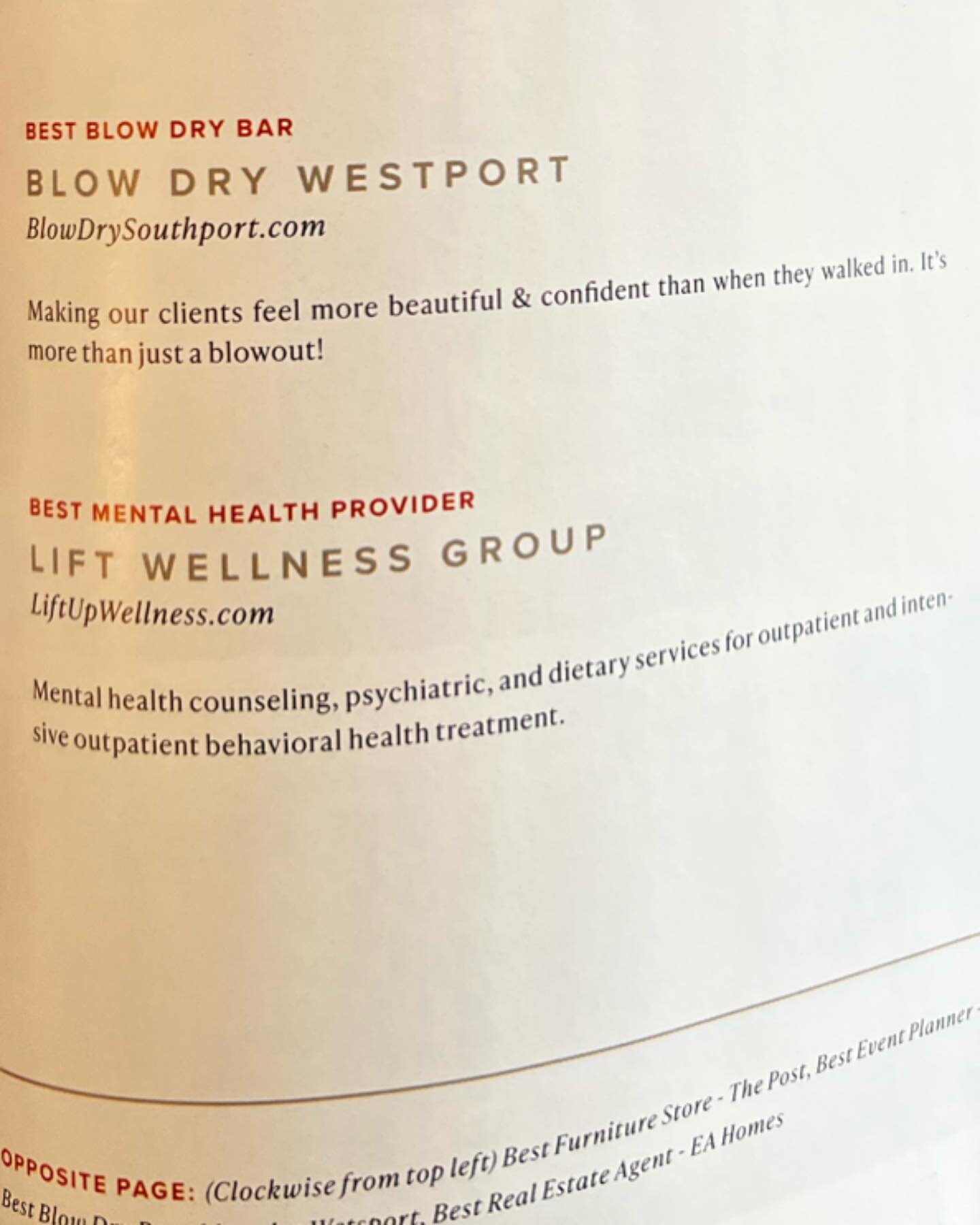 The votes are IN! 🎉 CONGRATULATIONS to the team at LIFT Wellness on winning the 2023 WESTPORT&rsquo;S &ldquo;BEST OF&rdquo; Award. As lifelong area residents, our female-led team of mental health and family experts are honored and proud to serve thi