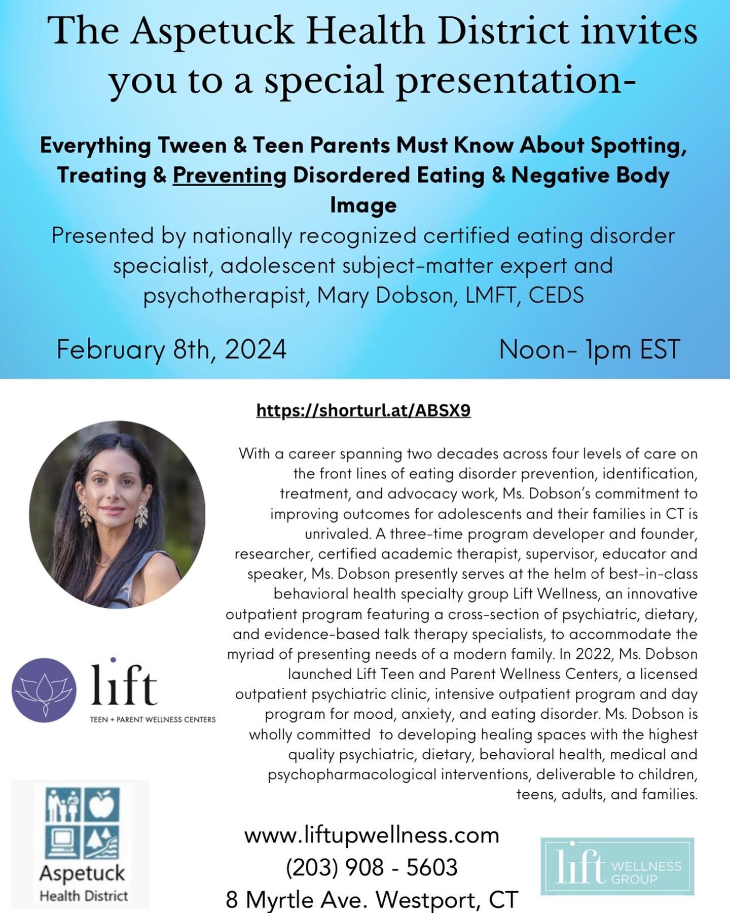 Save these dates! The Aspetuck Health District is pleased to sponsor three upcoming virtual seminars for parents, caregivers, educators and providers. This 3-part series, presented by Lift&rsquo;s clinical leadership team, will address how to foster 