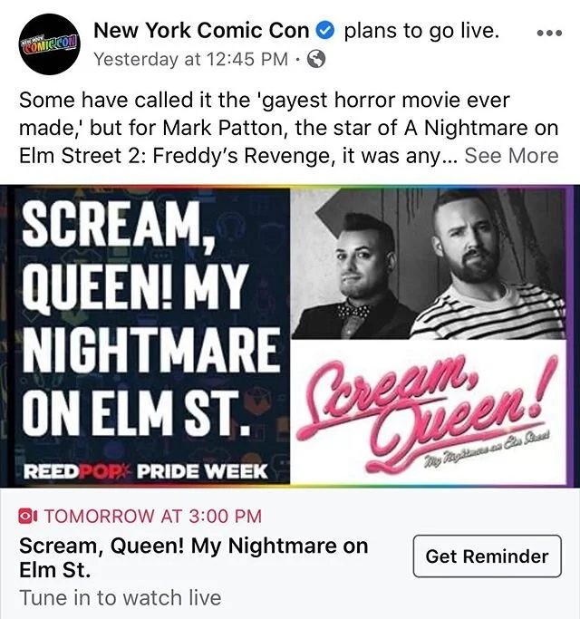 Talking with @andymight tomorrow on New York ComicCon facebook live about the making of Scream, Queen and all your favorite queer horror icons for PRIDE. 3pm EST. .
.
.
.
.
#screamqueendoc #screamqueendocumentary #freddykrueger #nightmareonelmstreet2 #freddysrevenge #horror #doclife #filmmaking #documentary #filmfestival #scarymovie #horrormovie #queerhorror #gayhorror #filmmaker #hivsuvivor #finalgirl #finalboy #markpatton #romanchimienti #tylerjensen