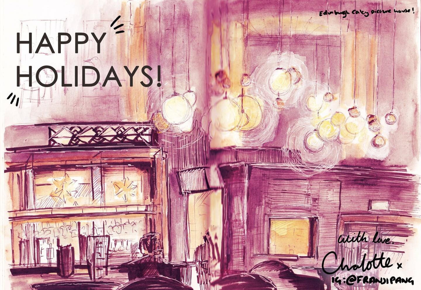 Happy holidays to you all! Take care and hope you have a lovely restful break 💕 
🌻
Repurposing this sketch (again!) at the Caley Picture House pub in Edinburgh. A stunning building!!
-
-
-
-
-
-
#christmas #jdwetherspoons #caleypicturehouse #urbans
