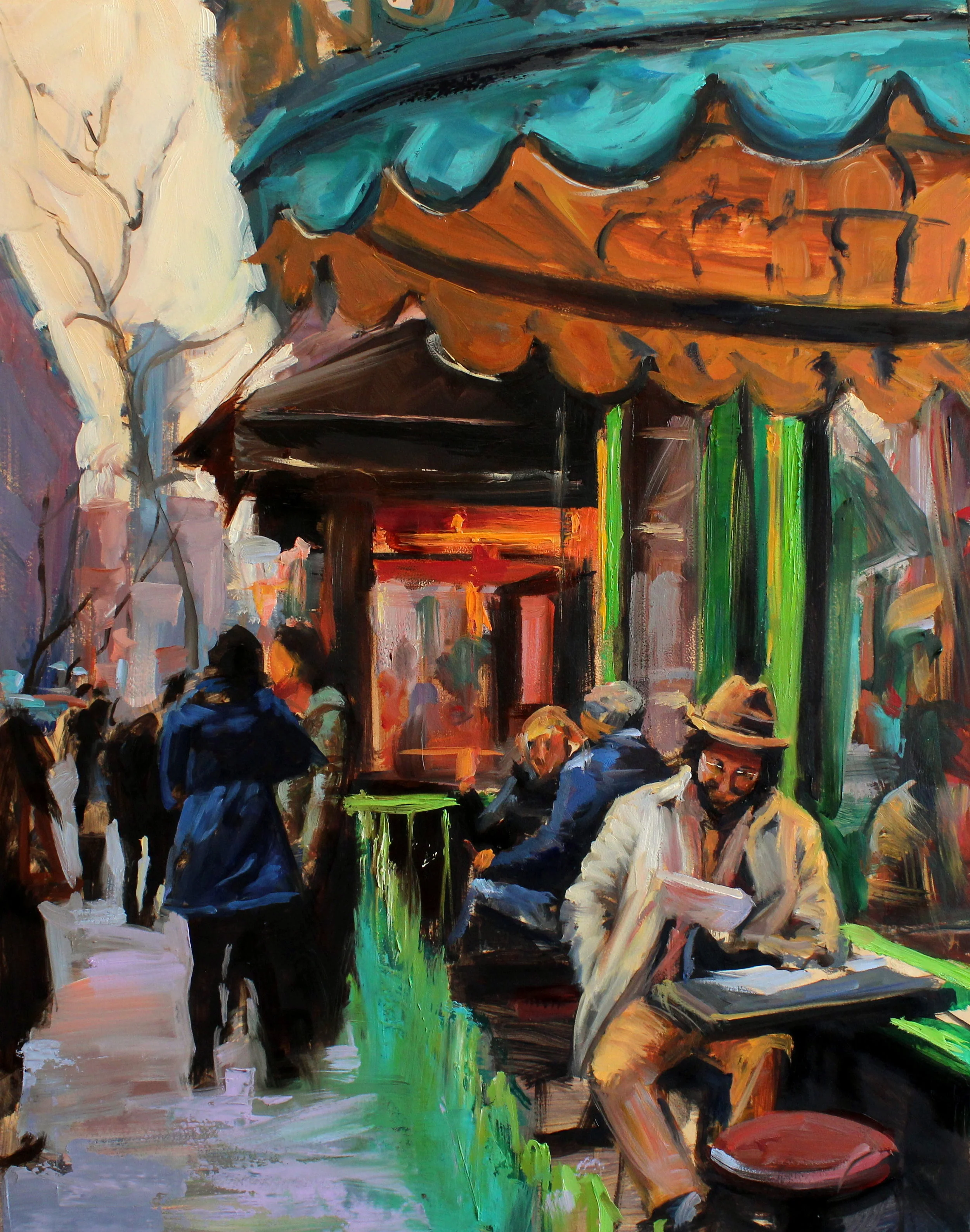Outside Caffe Reggio 14"h x 11"w oil on cradled masonite