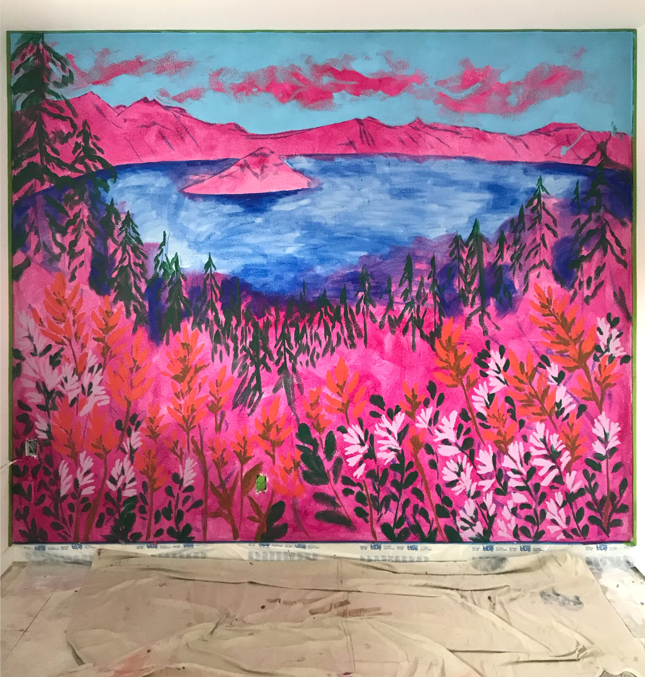 Progress on Crater Lake mural for Kenton Hotel. Spring 2019.
