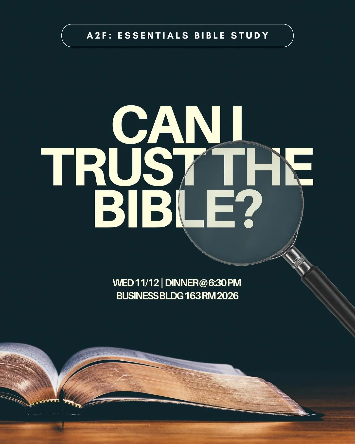 join us this wed for a talk on the reliability of the Bible! Dinner will start at 6:30pm 

DM if you have at questions!