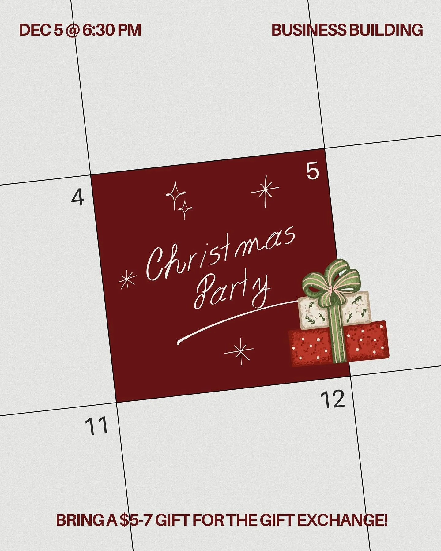 join us for the last event of the semester!

food, singing, and bring a $5-7 gift if you would like to participate in our gift exchange 🎁