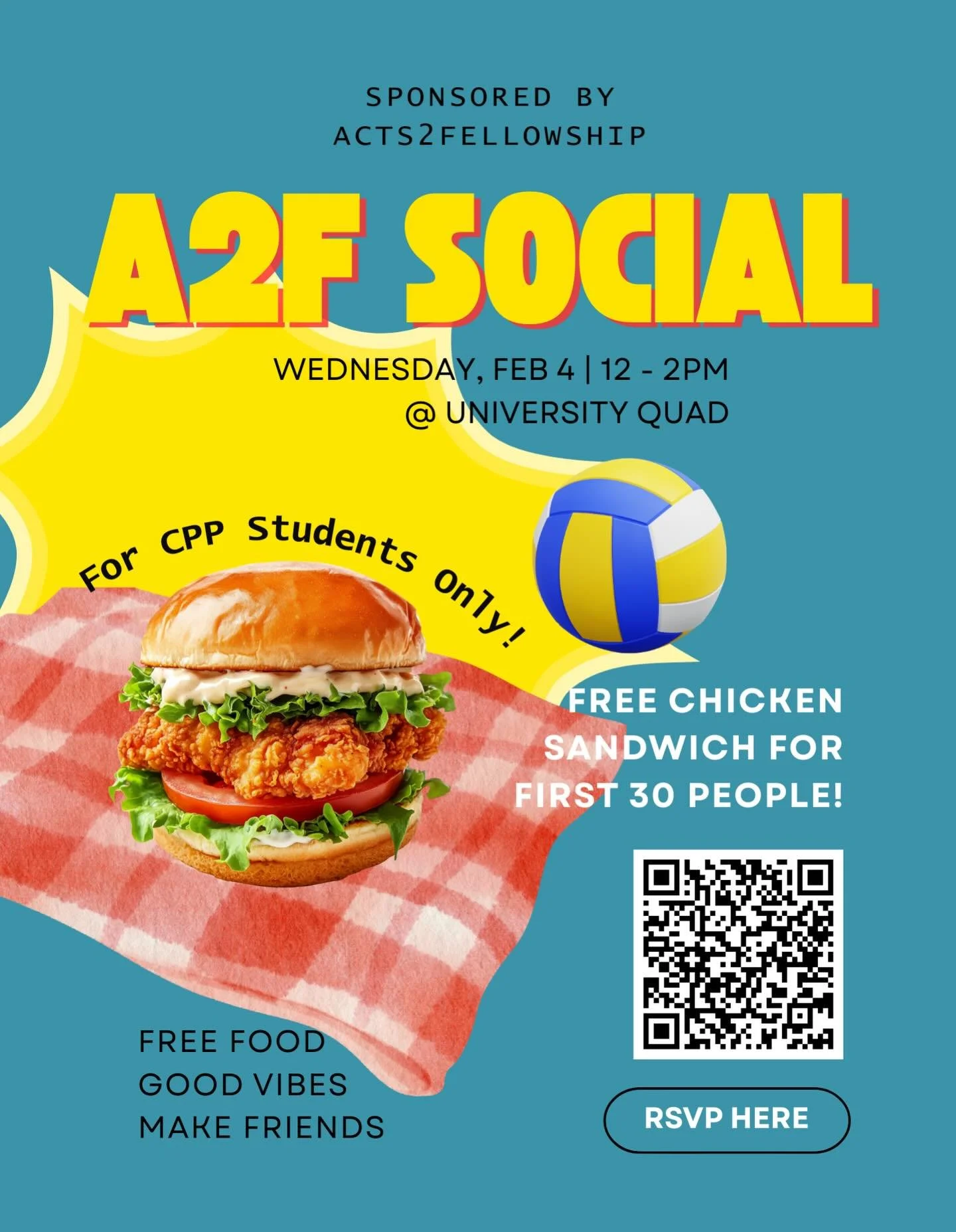 See you this wed from 12-2pm at the quad!! Come hang out and the first 30 people get a free chicken sandwich!! See u there 👋🏻