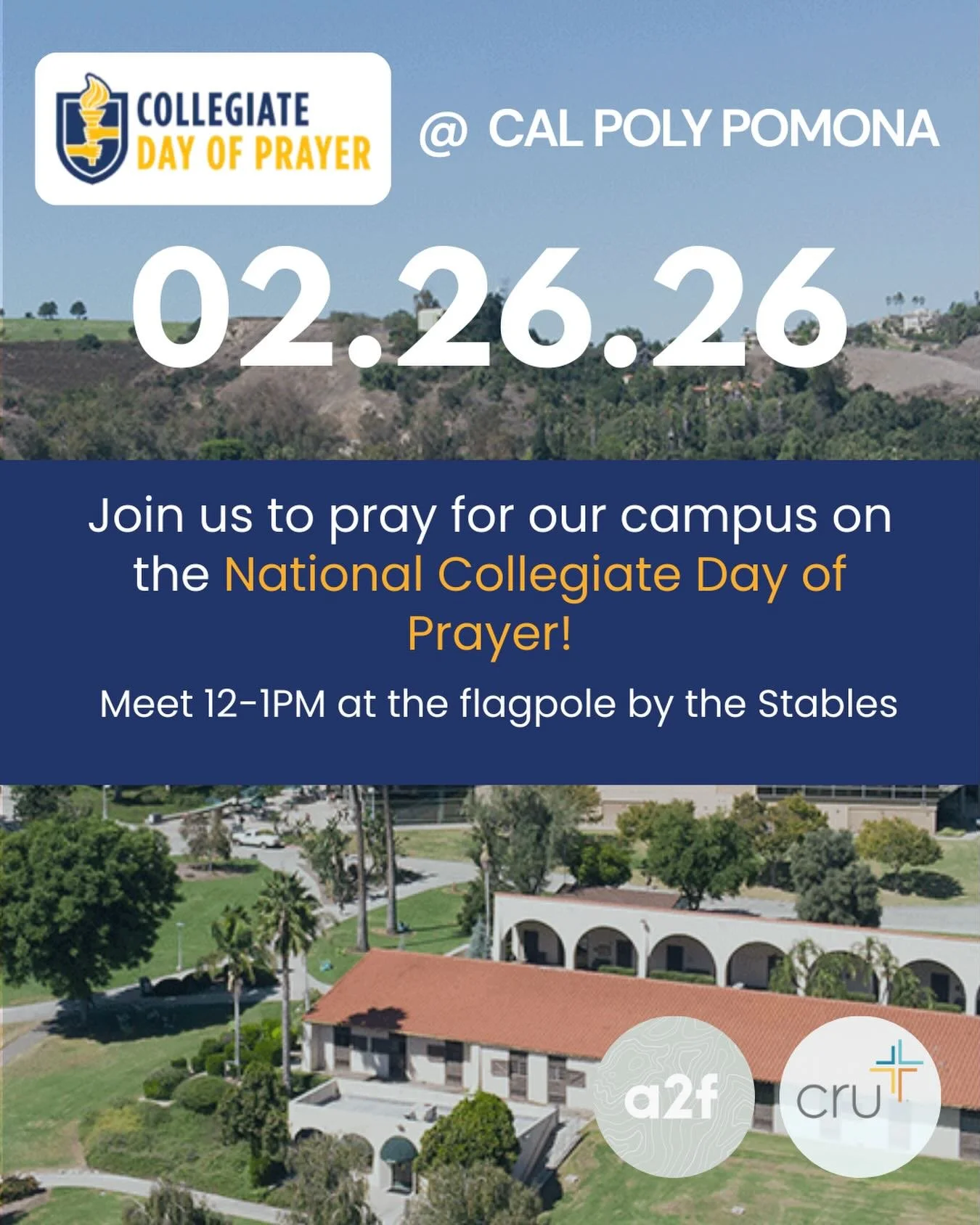 a2f 🤝 cru!! join us for national collegiate day of prayer as we pray for our campus! 

12-1pm see u at the flagpoles 😎