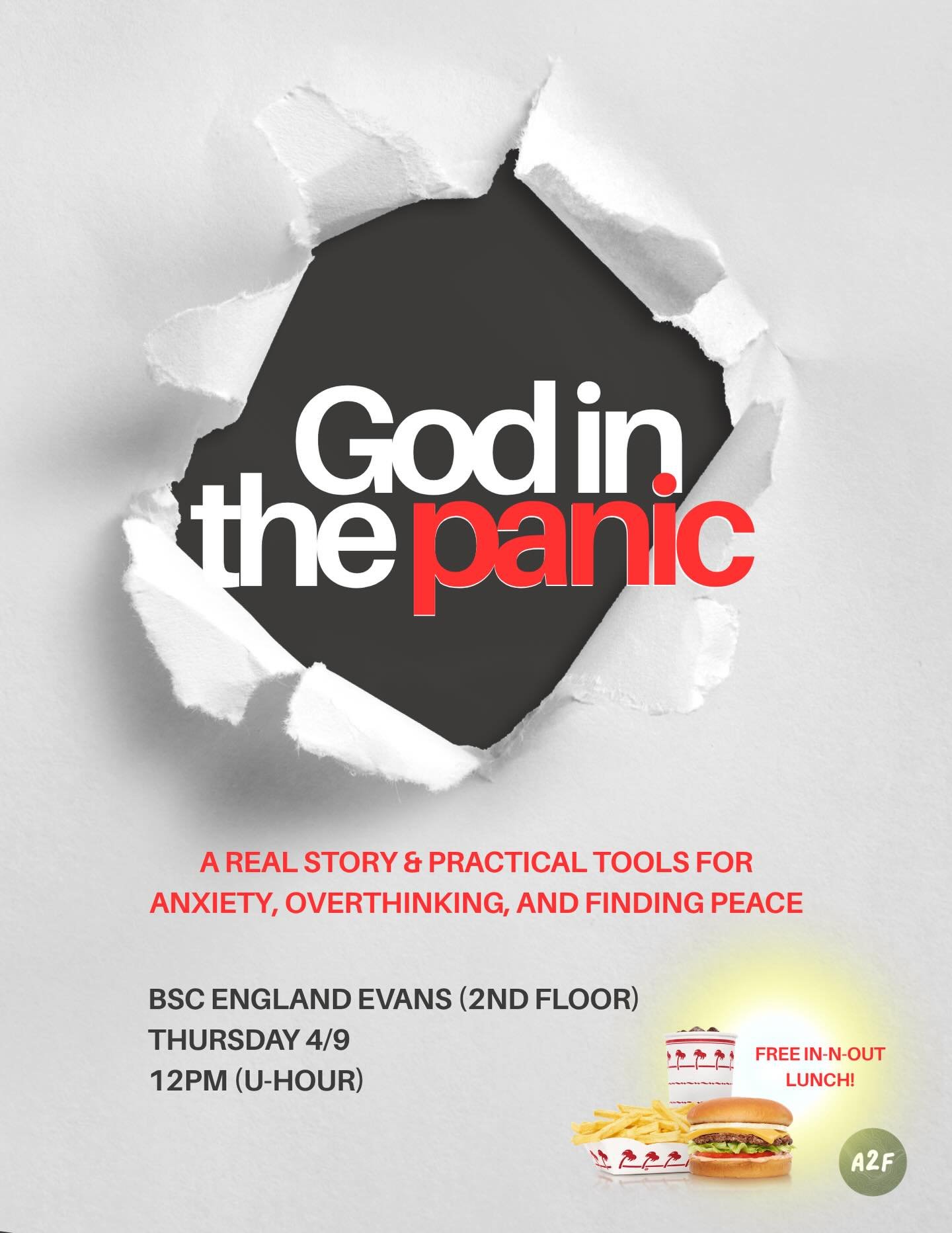 Join us this Thursday for our special talk! Isaac will be sharing his story and giving practical tips to manage anxiety, overthinking, and finding peace! We will be in the BSC! 

Free in-n-out lunch! See u thereee!
