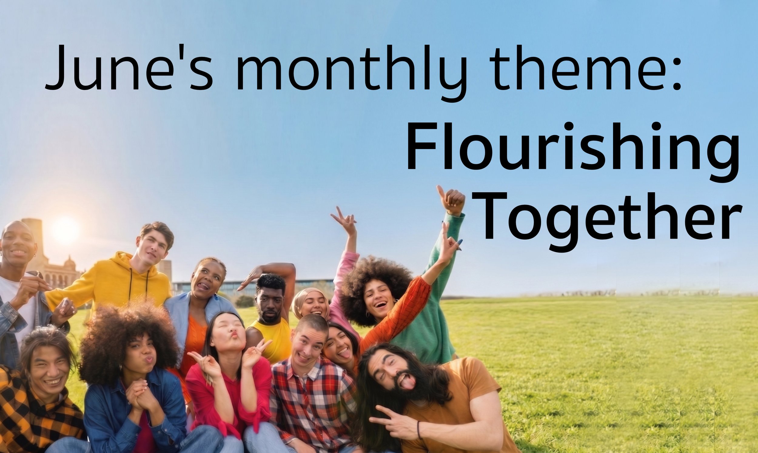 People in colorful clothing smile at the camera in a sunny field.