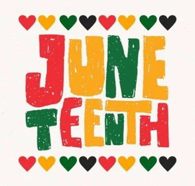 Colorful text in red, yellow, green, and black reads "Juneteenth"