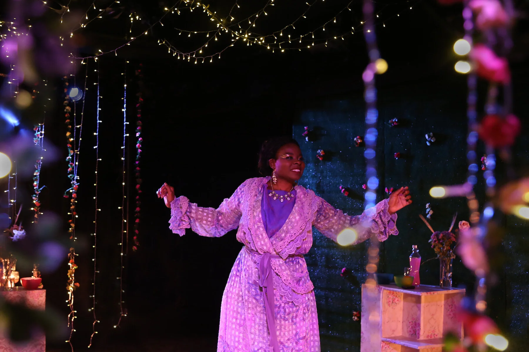    Sing, Goddess!    by Erin Capistrano &amp; Inés Braun  HERE Arts Center  Director: Inés Braun  Set: Zoe Hurwitz  Lights: Bailey Rosa  Sound: Leonie Bell  Photo Credit: Esther Yumi Ko 