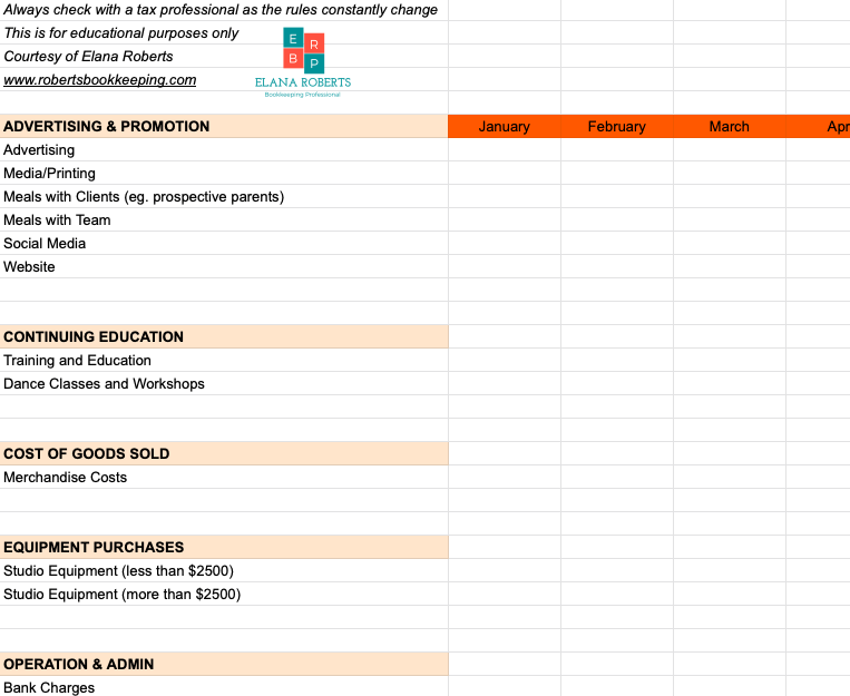 Dance Studio Tax Deduction Spreadsheet