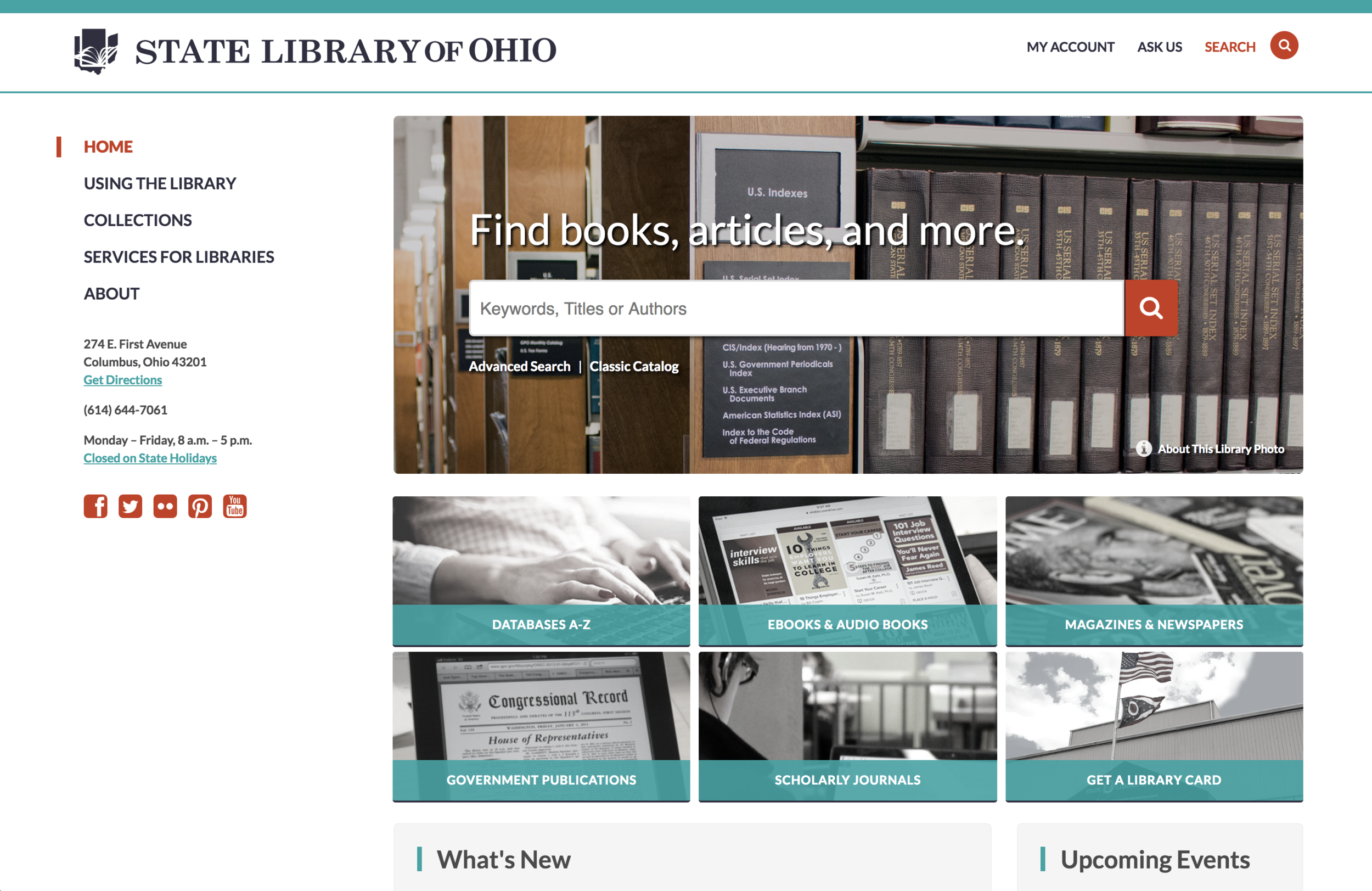 The new design highlighted search prominently on the home page. It made other key tools more readily available (databases, scholarly journals, and other collections).