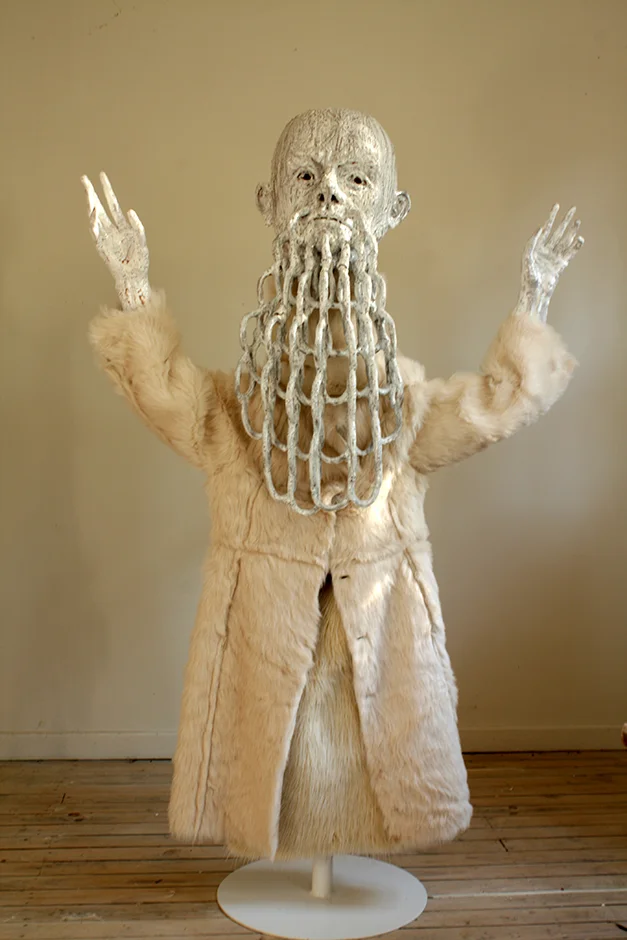 Bearded Prophet (hands up) 2014 Earthen ware, steel stand, fake fur