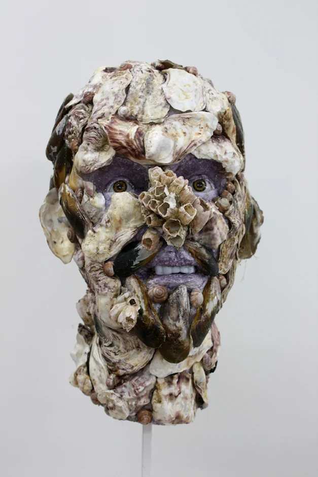 Balding Barnicle Man 2011 Shell, polystyrene, glass eyes, wig, steel stand