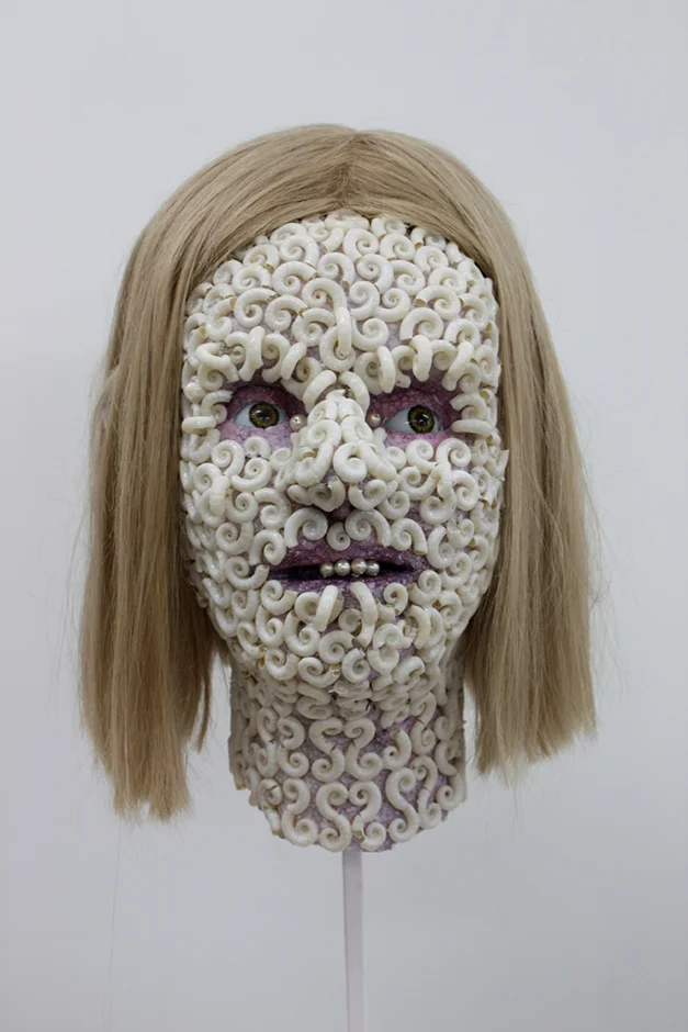 Snail girl with human-hair 2011 Shell, polystyrene, glass eyes, wig, steel stand
