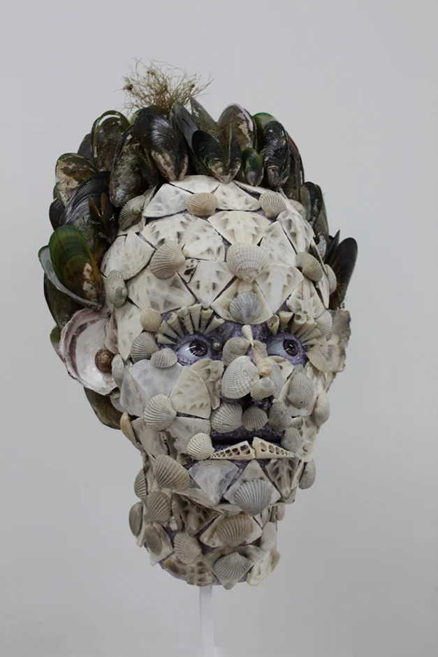 Little Sea-egg and Cockle Girl 2011 Shell, polystyrene, glass eyes, wig, steel stand