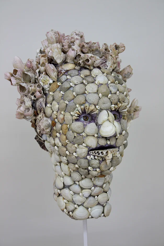Miss Cockle 2010 Shell, polystyrene, glass eyes, wig, steel stand