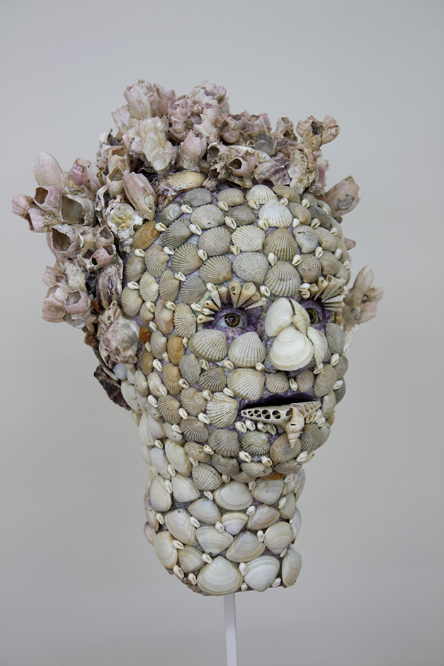 Miss Cockle 2010 Shell, polystyrene, glass eyes, wig, steel stand