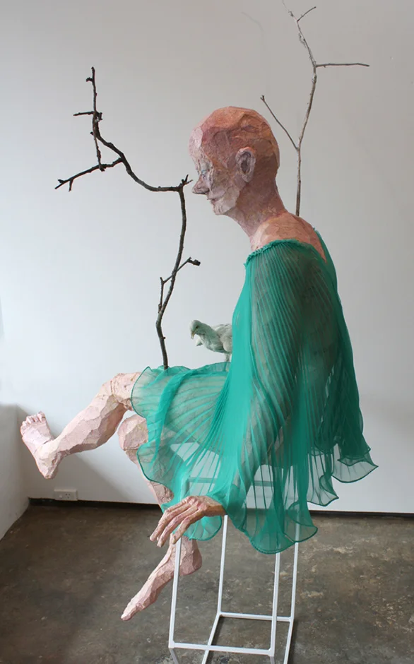 Daffnie 2009 Polystyrene, chiffon, wood, steel, paint, wax, taxidermied birds, plastic