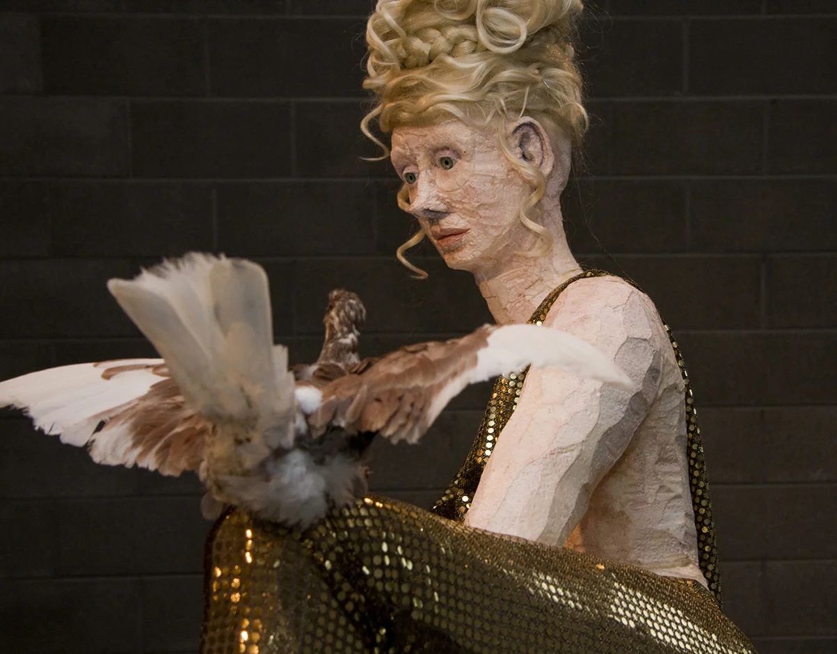 detail J'adore (with Snakeskin Heels) 2010 Armani snake-skin, high-heels, J'Adore perfume, polystyrene, wax, flocking, acrylic hair, pigeons, mirror, butterflies