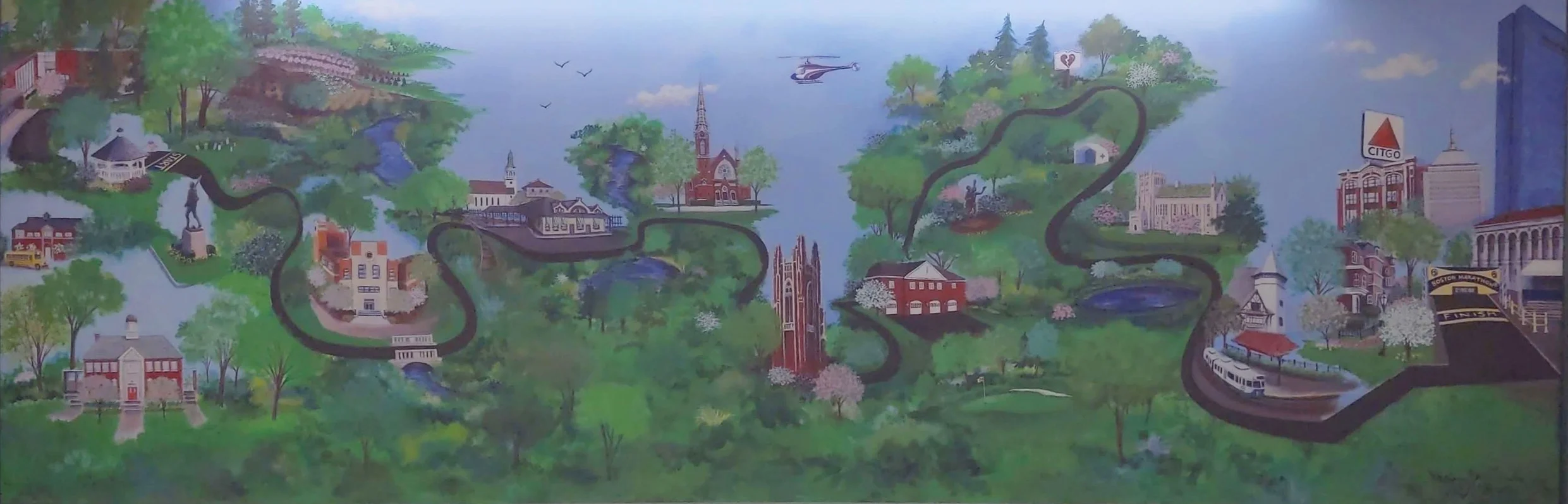The Boston Marathon Route Mural at the Hopkinton Library.