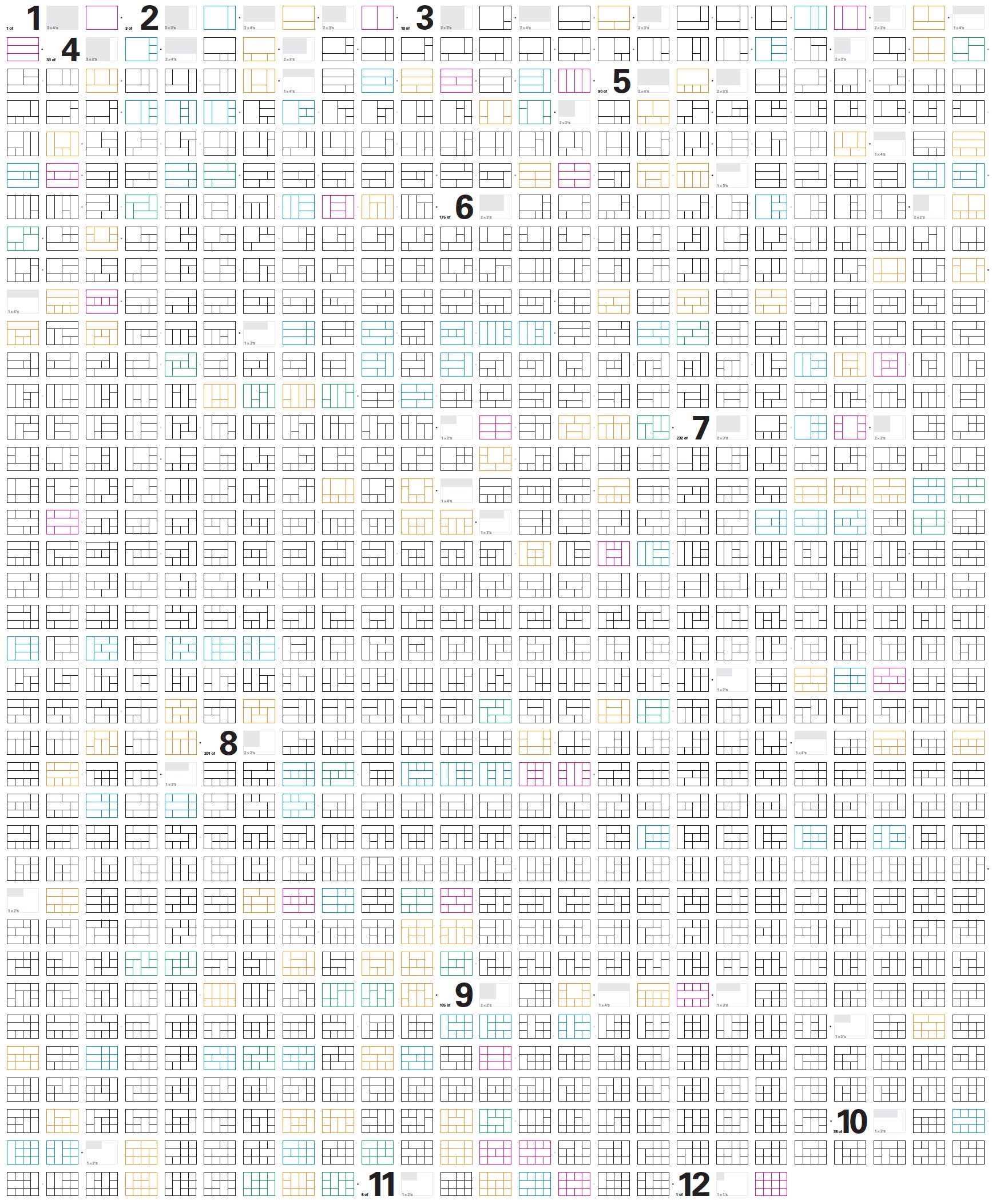 From the PDF Poster: "The 892 unique ways to partition a 3 x 4 grid" Designed by Thomas Gaskin. Creative direction by Hugh Dubberly. Algorithms by Patrick Kessler. Patent belongs to William Drenttel + Jessica Helfand.