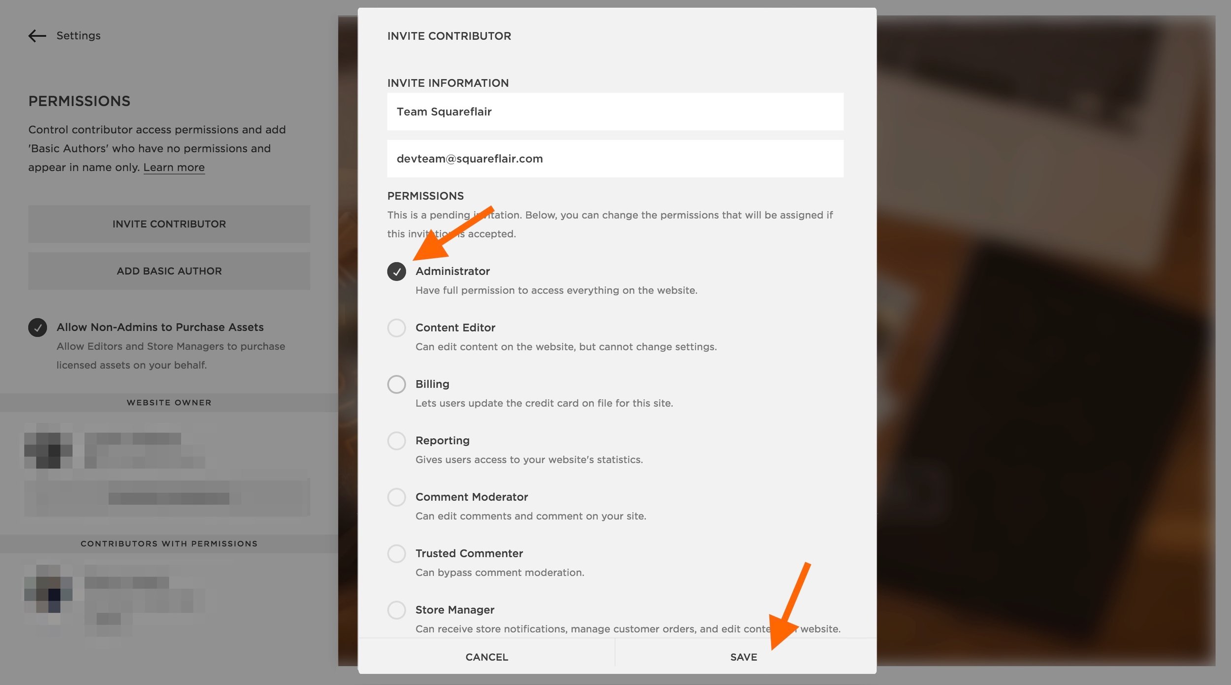 Setting contributor permissions to “Administrator”