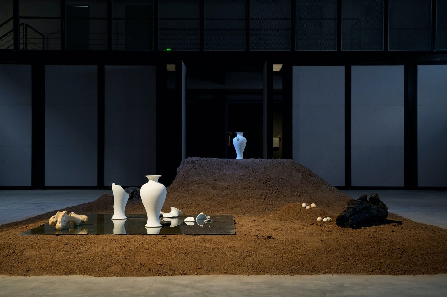&ldquo;Form as Emptiness III&rdquo;, ceramic vase, incense, fire, mirror, bone stick, singing bowl, soil, glass, burnt wooden stake, 3D printed egg, installation view, Wind H Art Center, Beijing, China, 2023, photo by ALUAN
