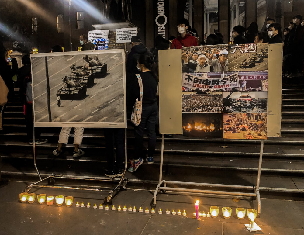 The most famous image from the Tiananmen Square student protests of 1989, ‘Tank Man’, displayed on the steps of the Victorian State Library, June 4 2020. Photo by Oliver Lees.