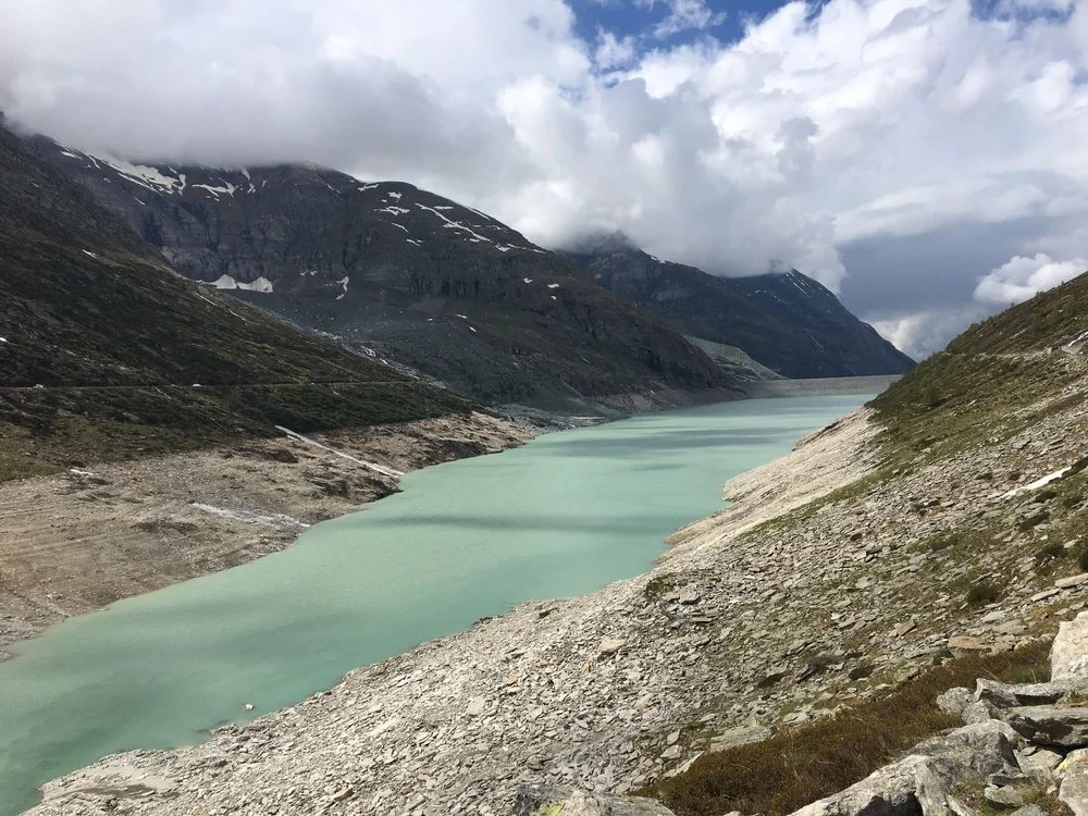 Mattmark reservoir in the Saas Valley on the Tour of Monte Rosa