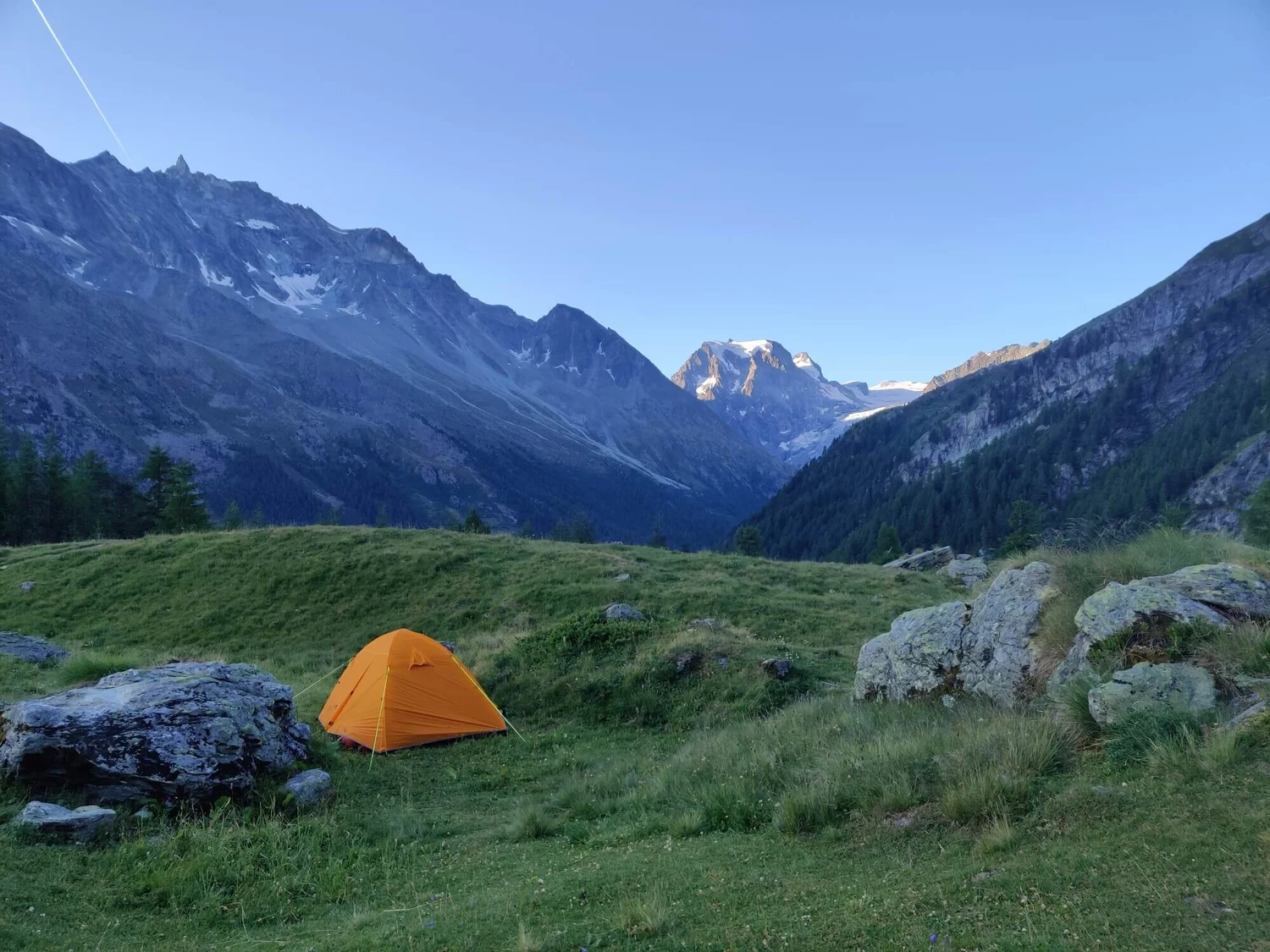 Tent pitched in the mountains above Lac Bleu on the Walker’s Haute Route