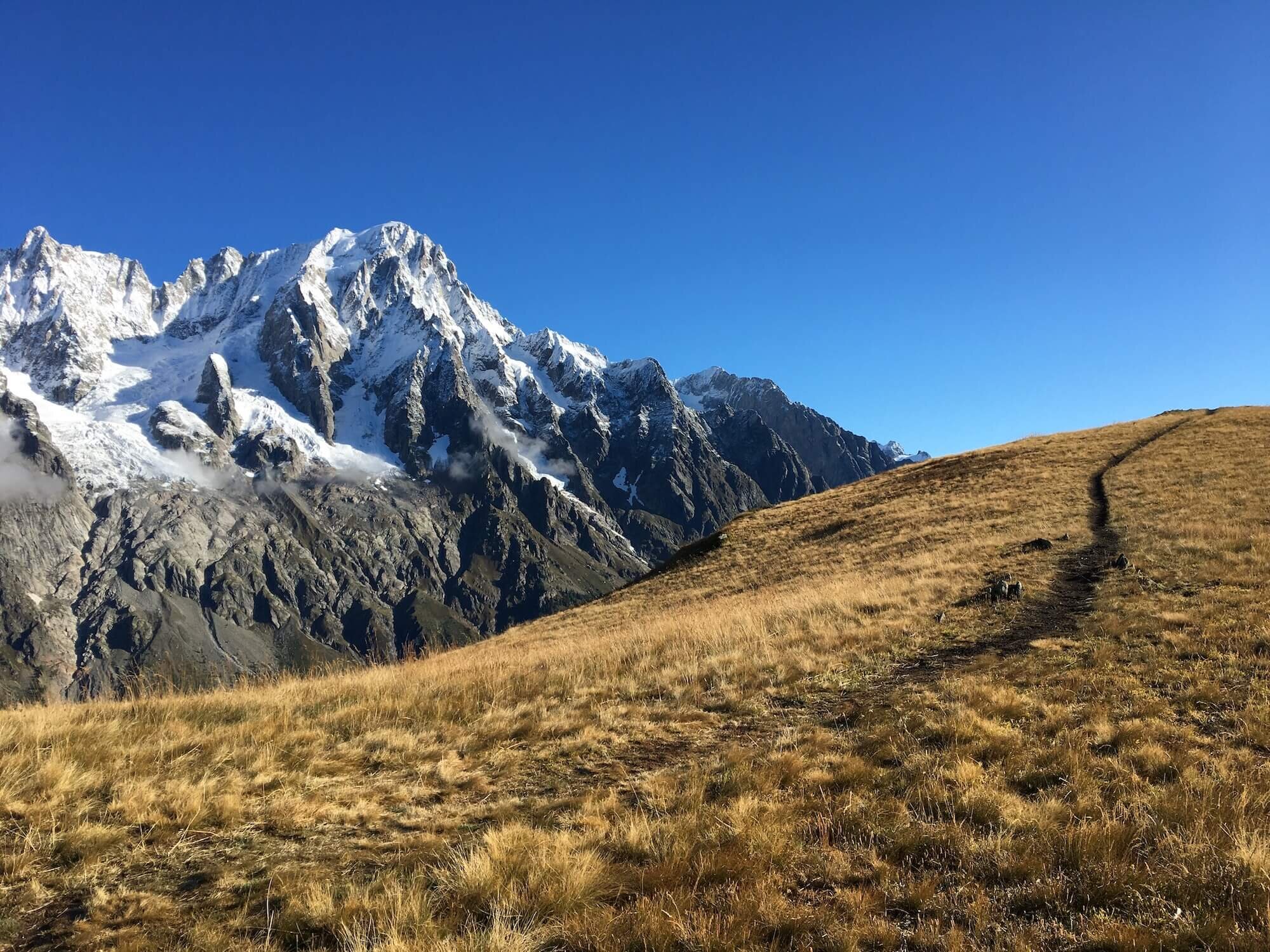 Ridgeline trail with uninterrupted views of Mont Blanc massif