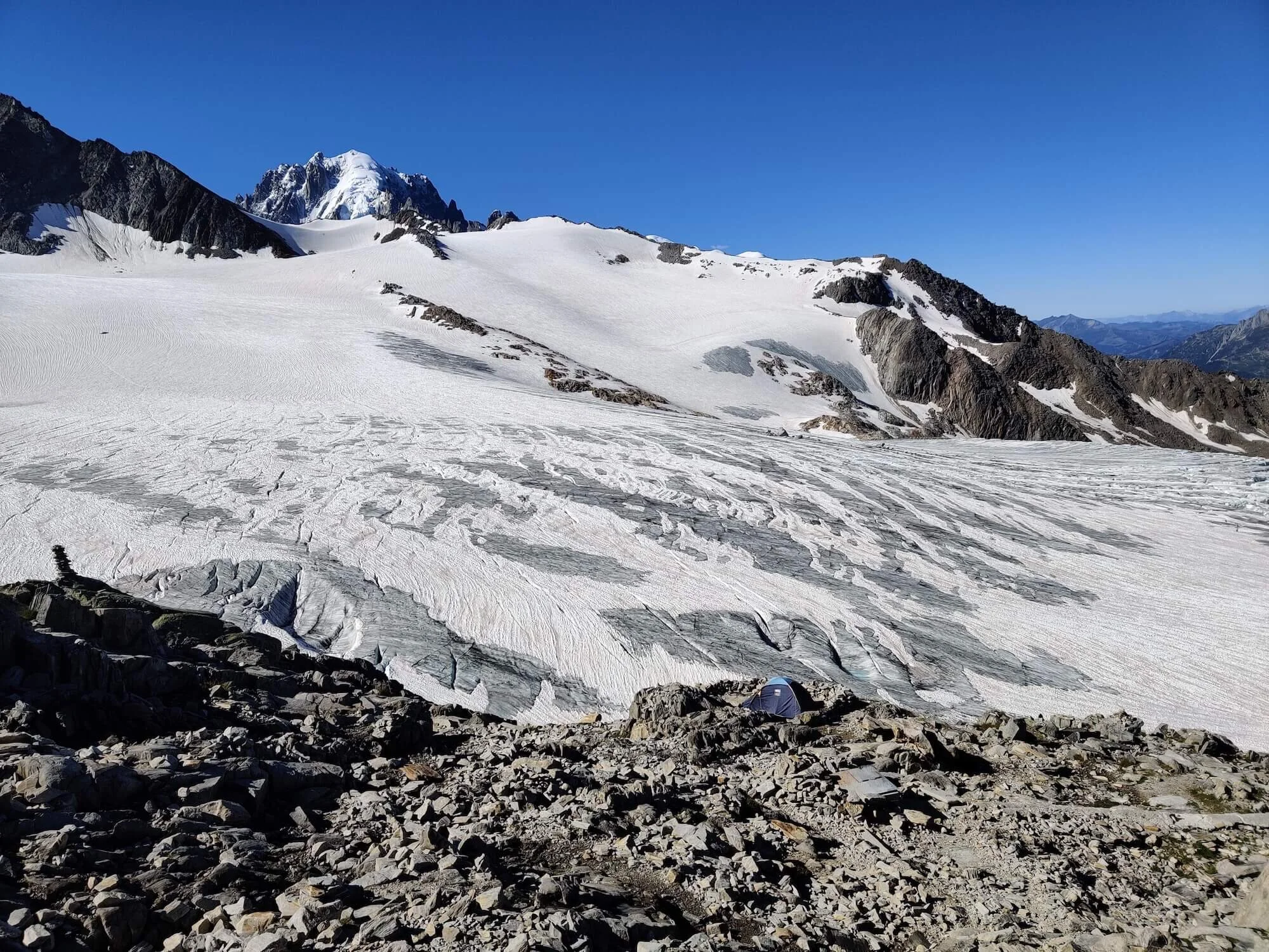 Tent at a permitted bivouac location near Glacier du Tour
