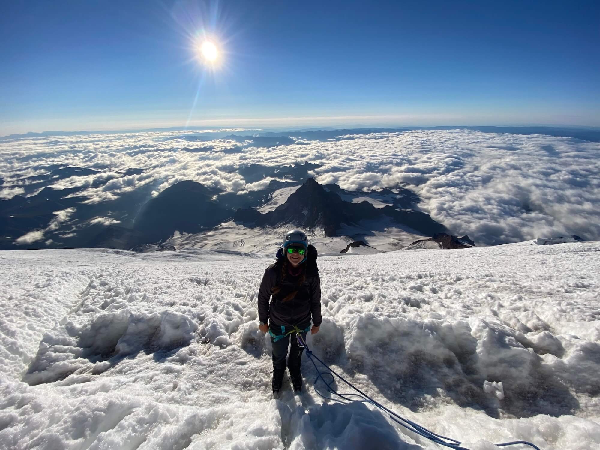  Sam climbing up Mt Rainier with her ropes team. Photo: Sam Goldklang 