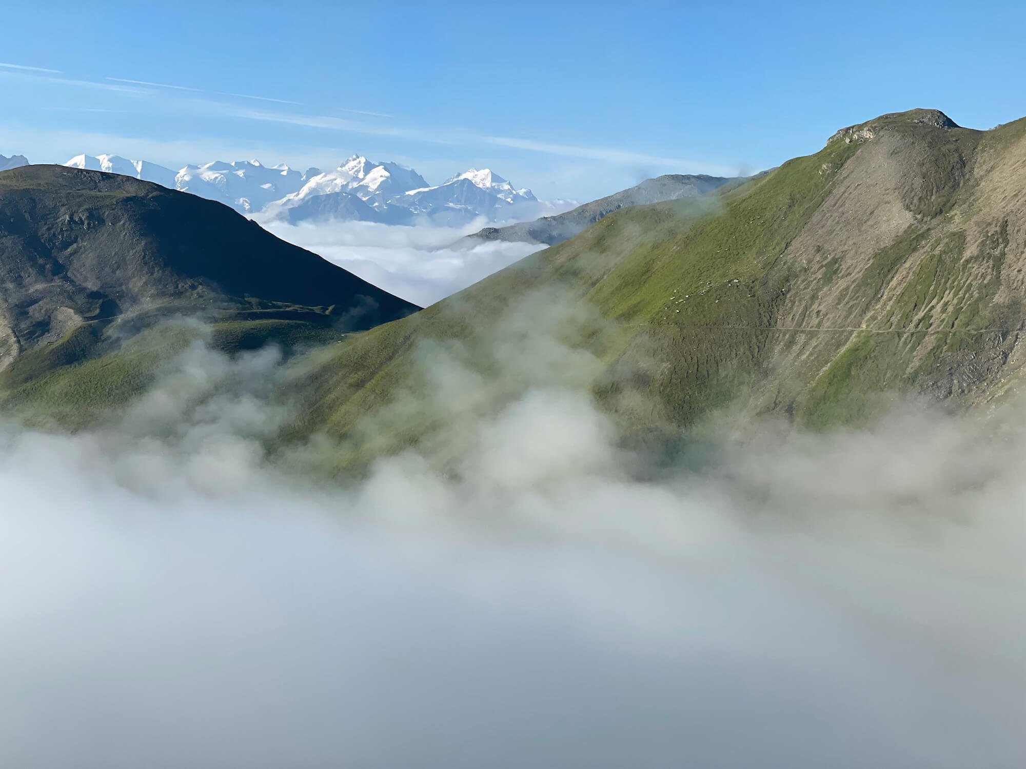 Kesch Trek day 3: view of the Bernina range, descending to the Albula Pass