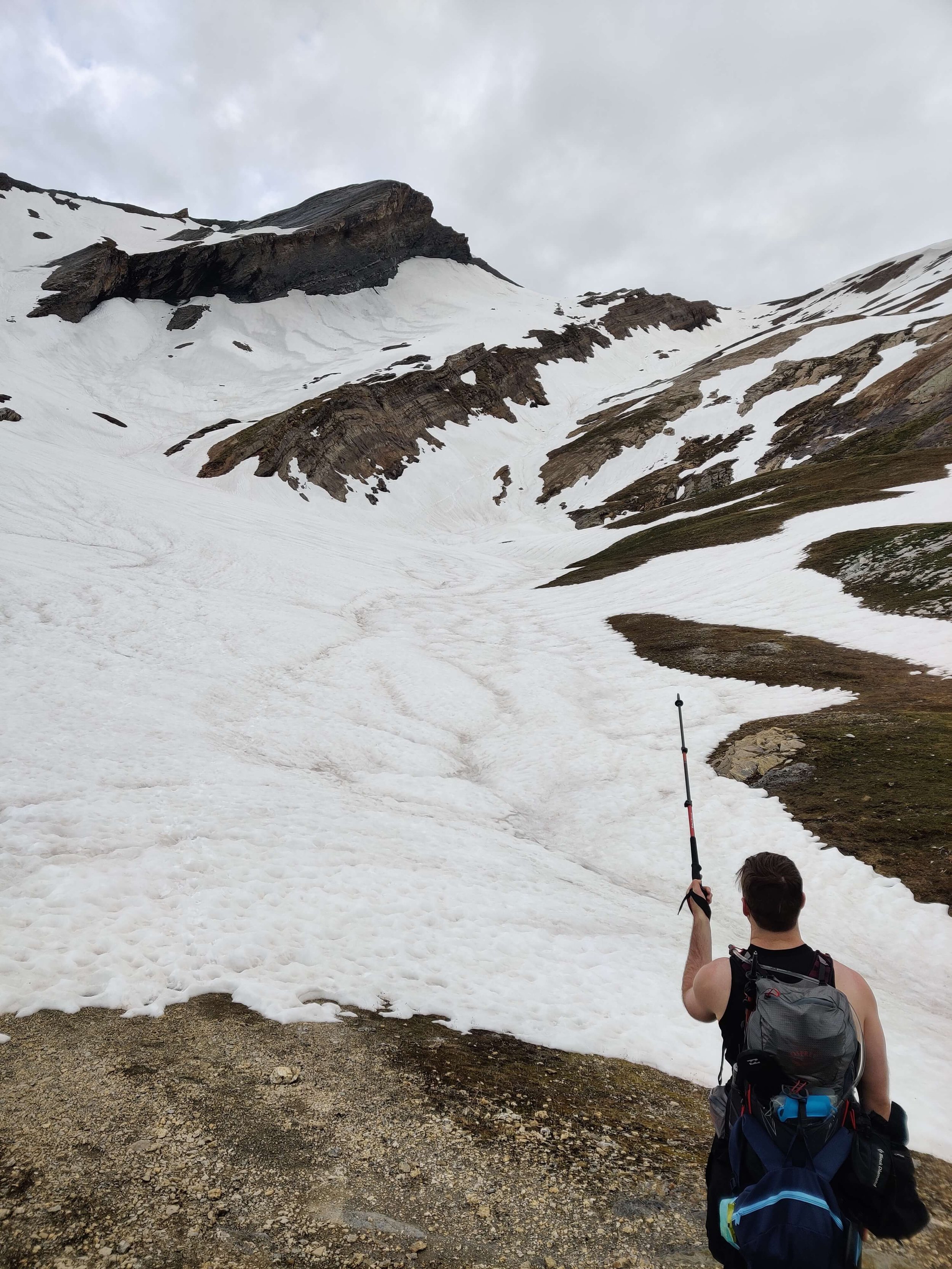 Pointing back up at Col Des Fours from first clear patch of snow on way down_30 May 2022_resized.jpg