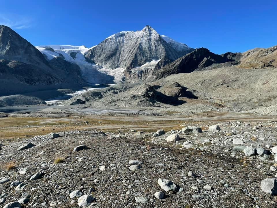 Looking up at Cheilon glacier moraine