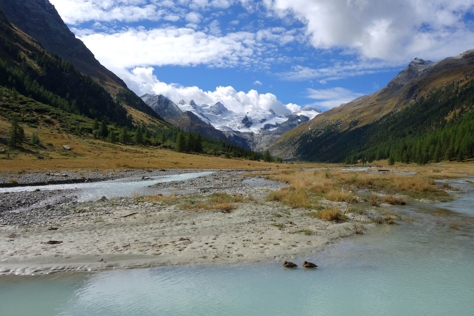 The spectacular view from where the valley opens up, near the Hotel Restaurant Roseg Gletscher