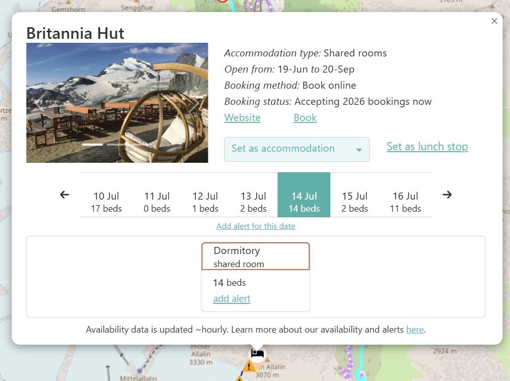 Britannia Hut accommodation availability