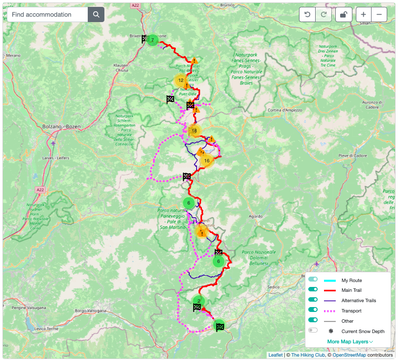 Overview map of the Alta Via 2 route from Bressanone to Feltre through the Italian Dolomites