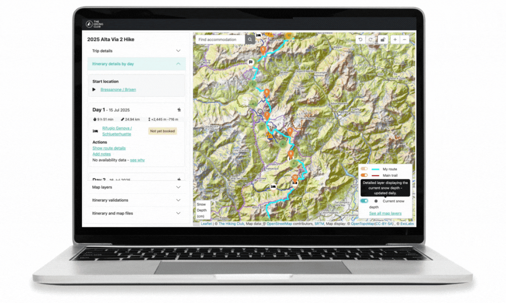 Estimated current snow depth and 48-hour snow forecast displayed along a planned Alta Via 2 hiking route