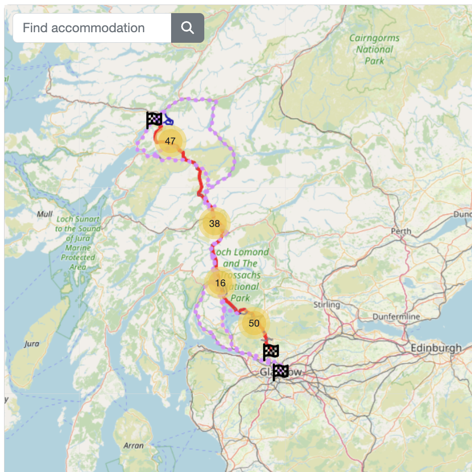 Map of the West Highland Way from Milngavie to Fort William