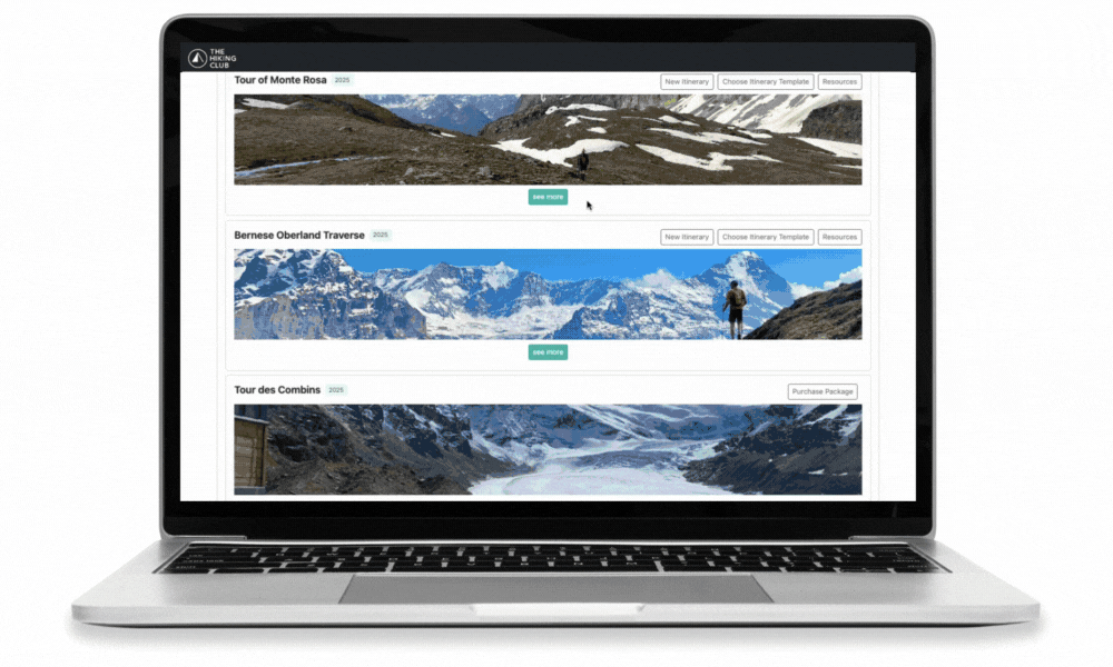 Animated preview of a Tour of Monte Rosa itinerary in The Hiking Club platform