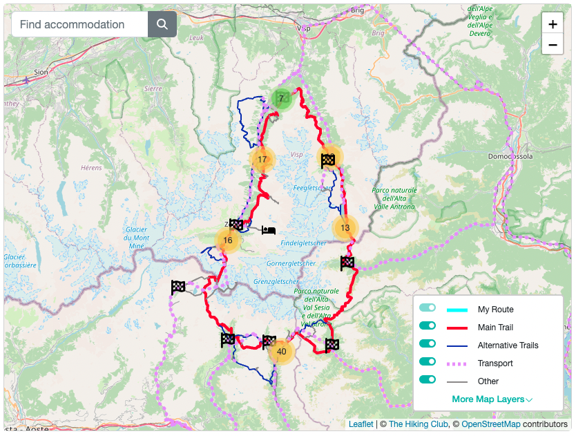 Overview map of the Tour of Monte Rosa circuit through Switzerland and Italy